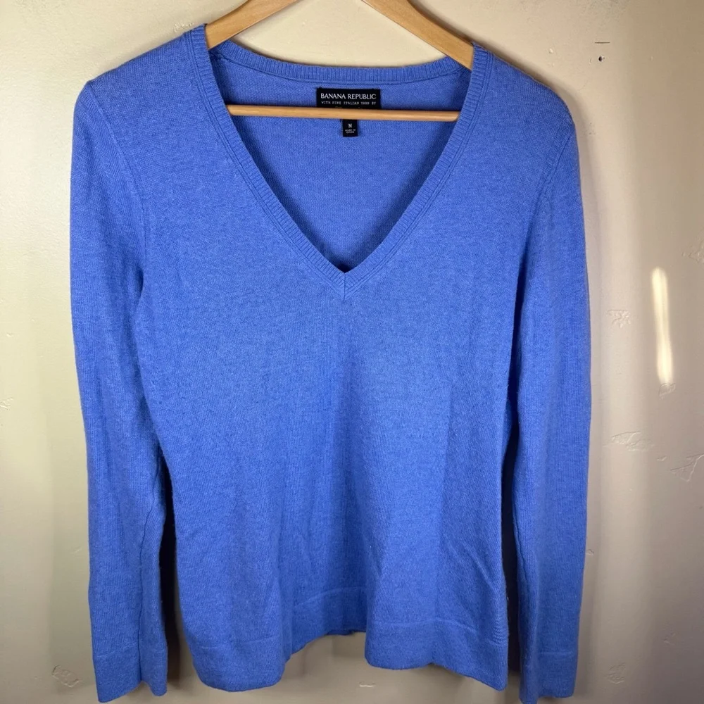 Banana Republic Mens Italian Merino Wool Cashmere Vneck‎ Blue Sweater Size Med
